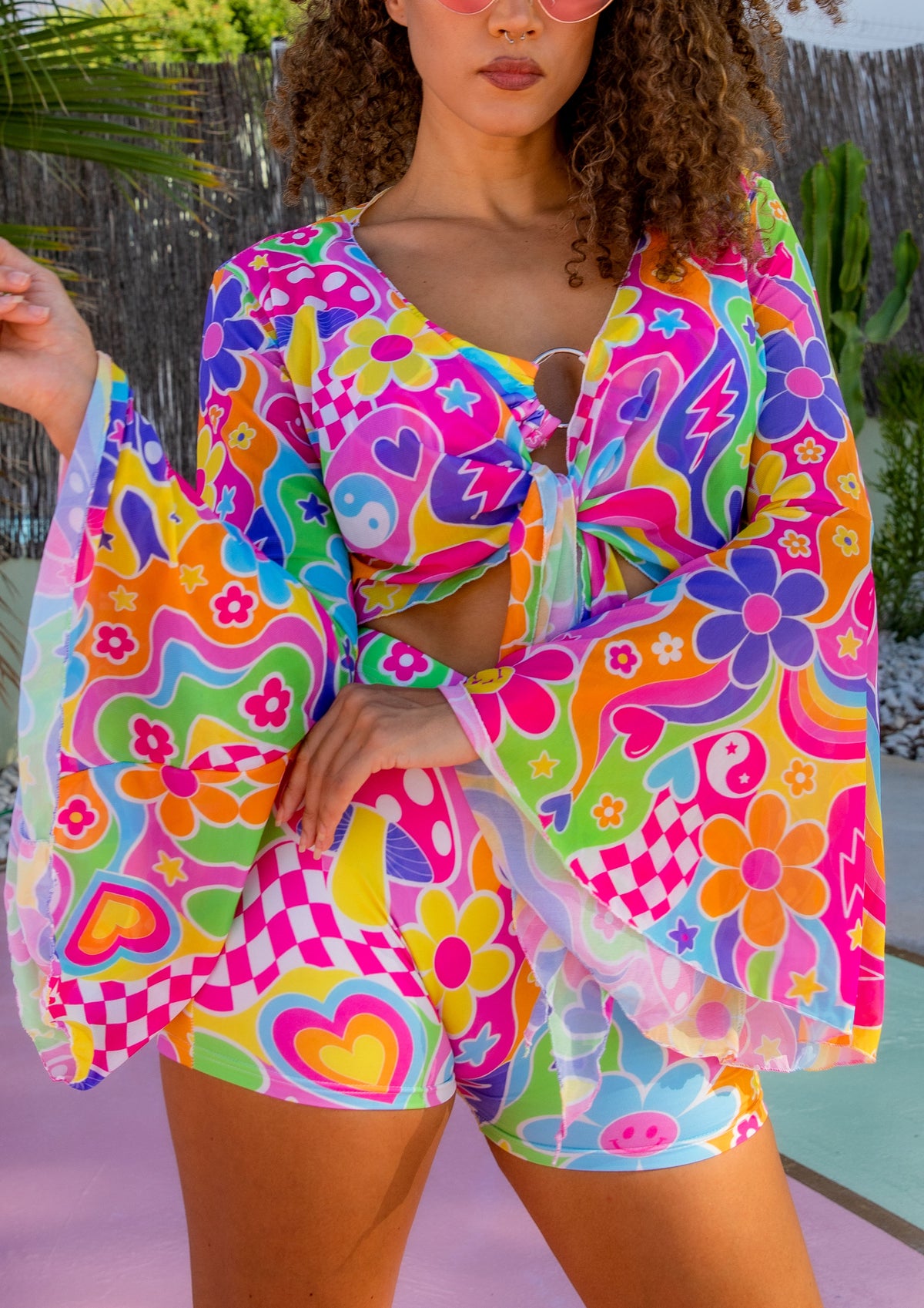 Groovy Love Mesh Bell Sleeve Cropped Tie Top