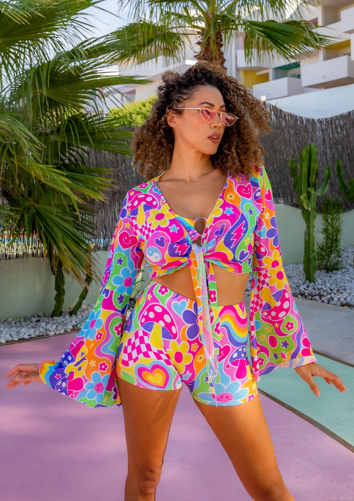 Groovy Love Mesh Bell Sleeve Cropped Tie Top