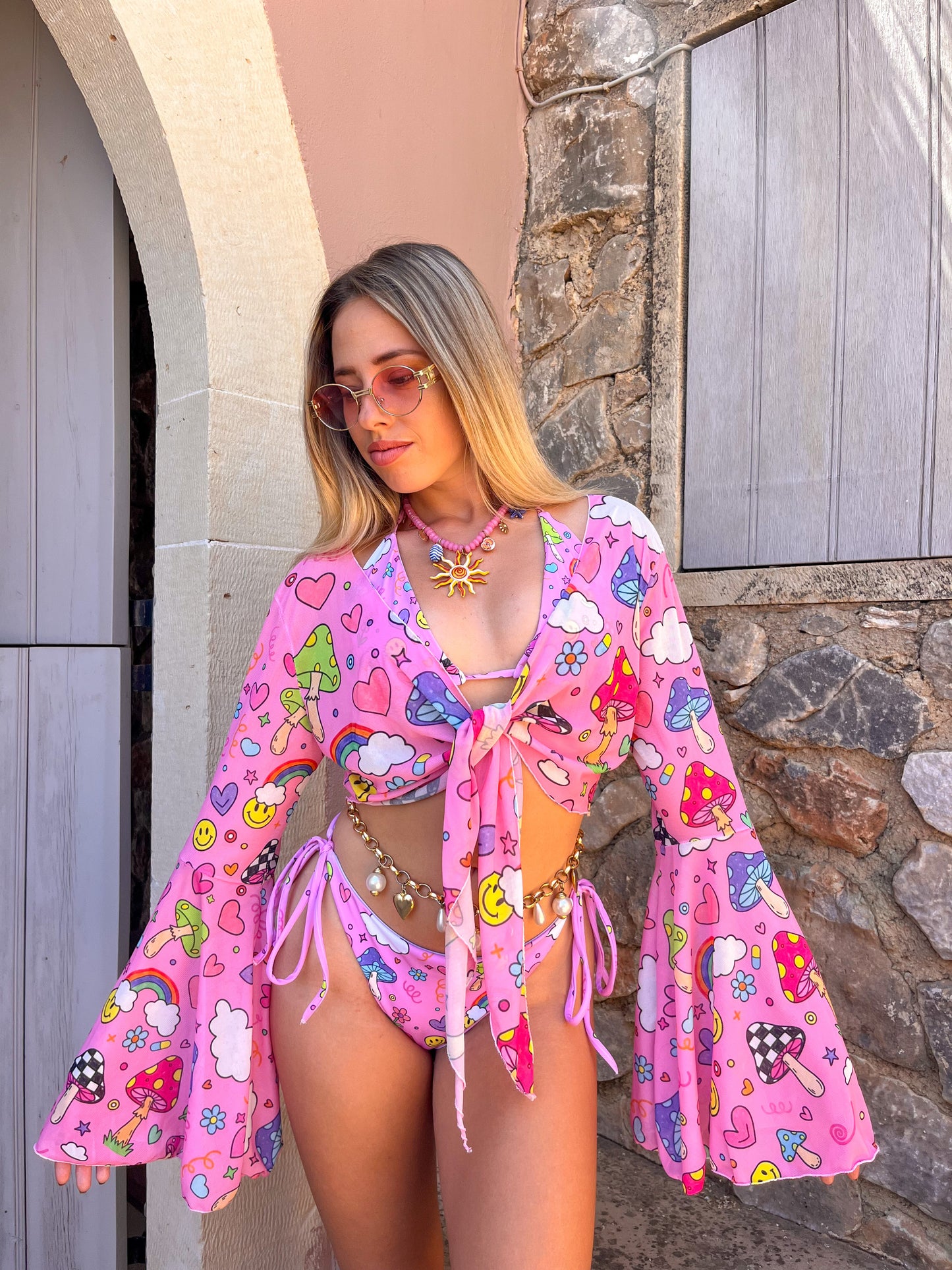 Groovy Shroom Mesh Bell Sleeve Cropped Tie Top