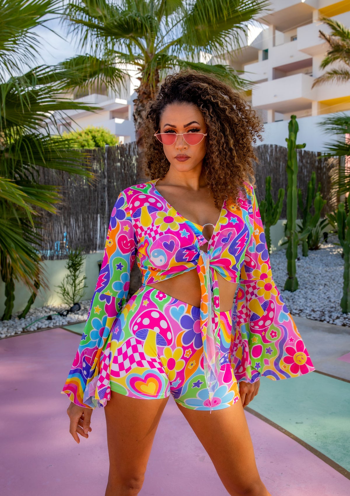 Groovy Love Mesh Bell Sleeve Cropped Tie Top
