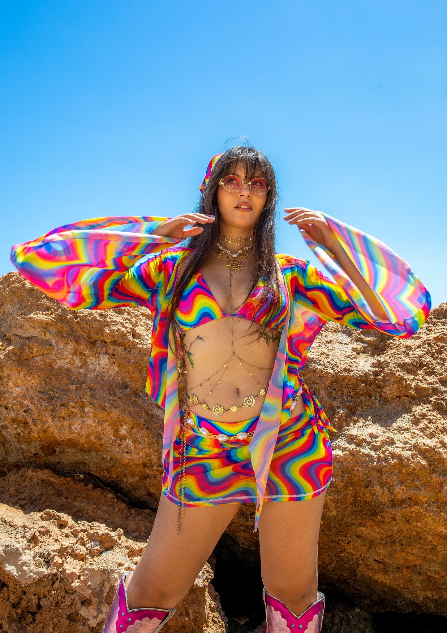 Sun Child Mesh Bell Sleeve Cropped Tie Top