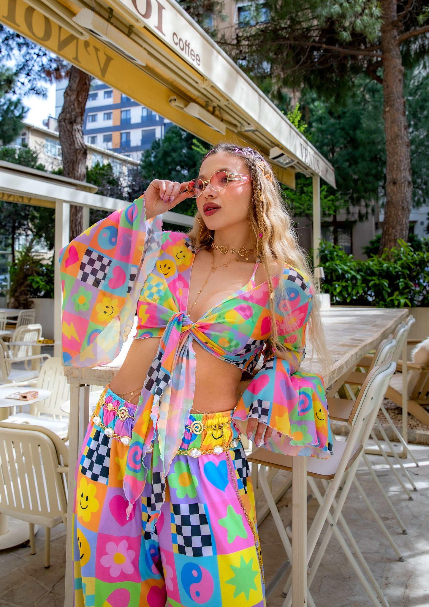 Vibe Check Mesh Bell Sleeve Cropped Tie Top