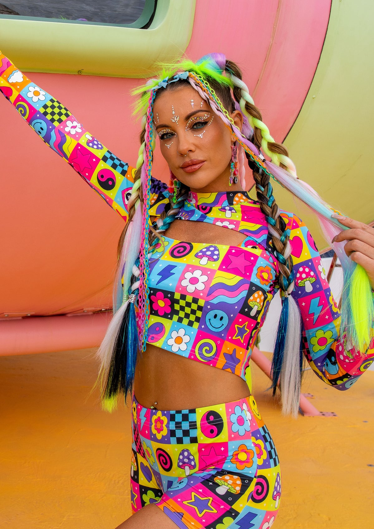 Electric Dreams Long Sleeve Cut Out Crop Top