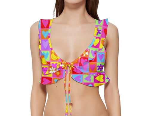 Happy Daze Plunge Neck Ruffle Bikini Top